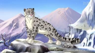 雪豹在亚洲山区全彩色手工动画高清